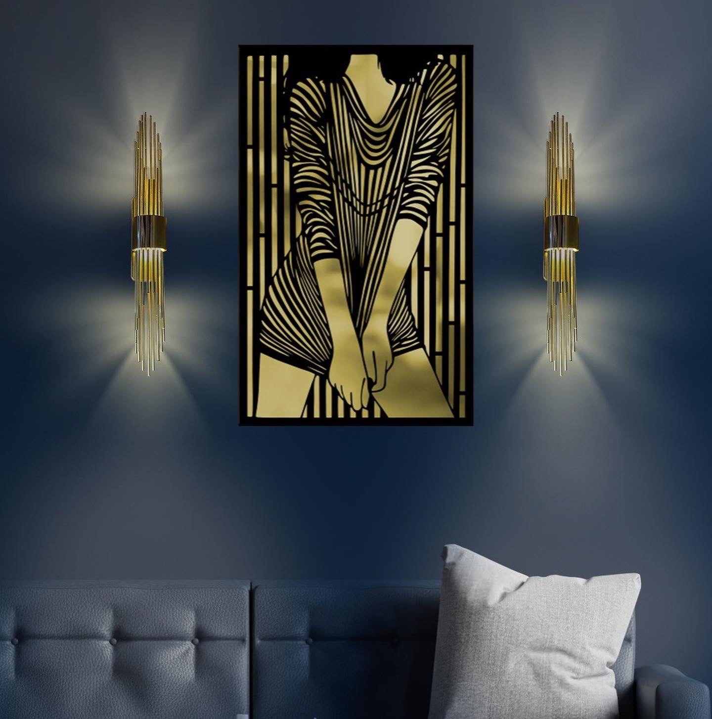 Set of 3 Woman Merror Metal Painting and 2 Piece Gold Sconce Set