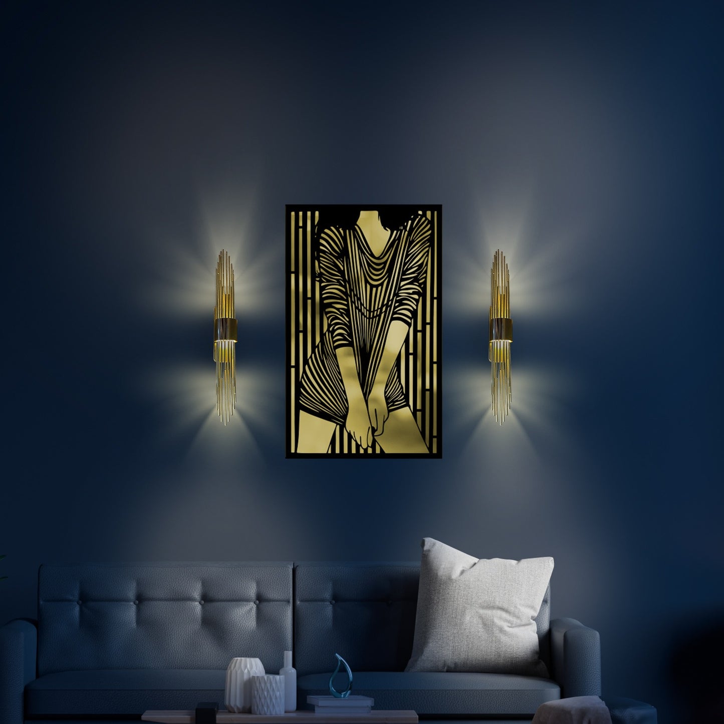Set of 3 Woman Merror Metal Painting and 2 Piece Gold Sconce Set