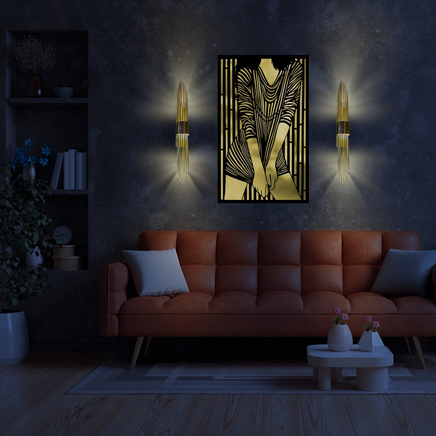 Set of 3 Woman Merror Metal Painting and 2 Piece Gold Sconce Set