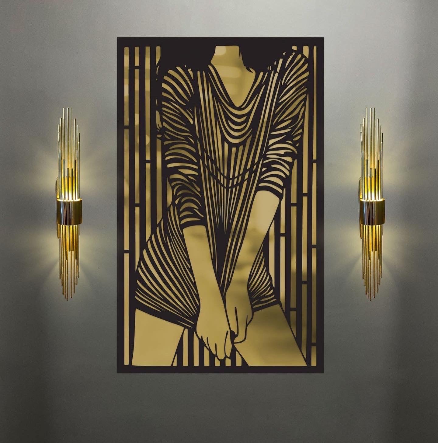 Set of 3 Woman Merror Metal Painting and 2 Piece Gold Sconce Set