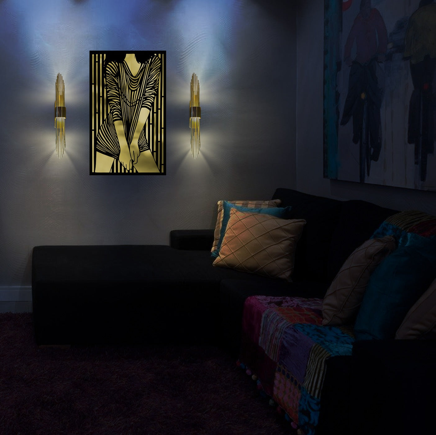 Set of 3 Woman Merror Metal Painting and 2 Piece Gold Sconce Set