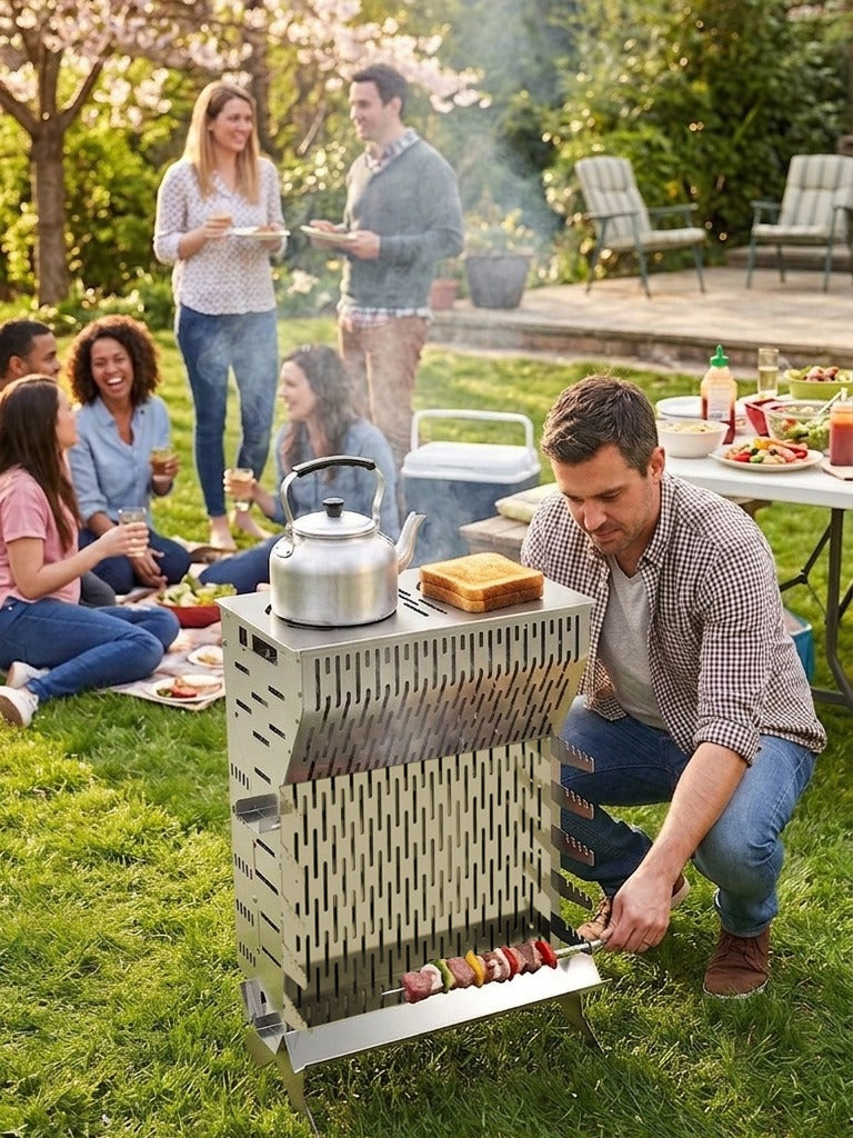 WiseDec WiseGrill V8 – Dikey Taşınabilir Paslanmaz Çelik Mangal | Kompakt & Çok Amaçlı Outdoor Grill