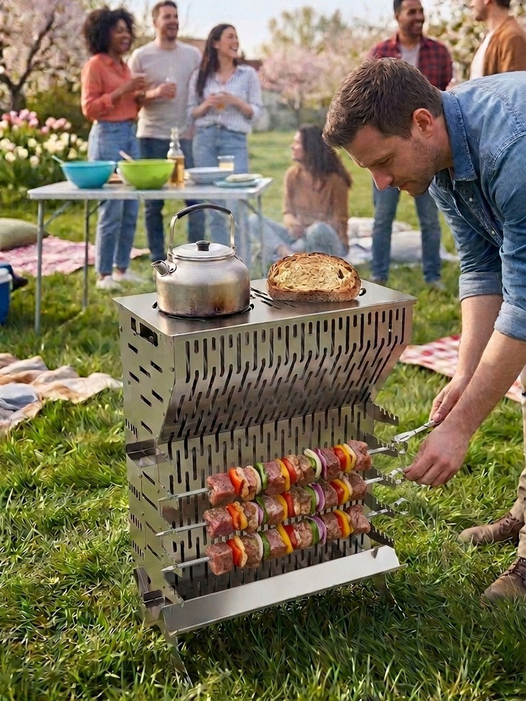WiseDec WiseGrill V8 – Dikey Taşınabilir Paslanmaz Çelik Mangal | Kompakt & Çok Amaçlı Outdoor Grill