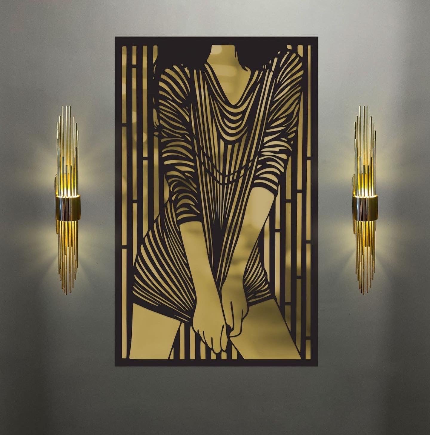 Set of 3 Woman Merror Metal Wall Art and 2 Pieces Gold Wall Sconce