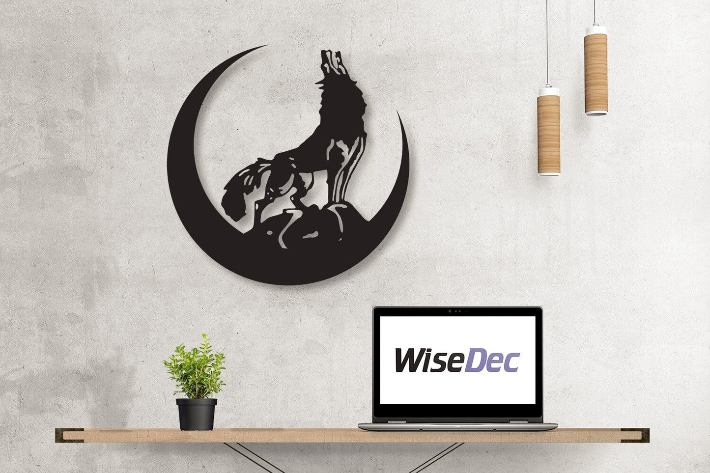 Crescent and Gray Wolf Metal Art Decor