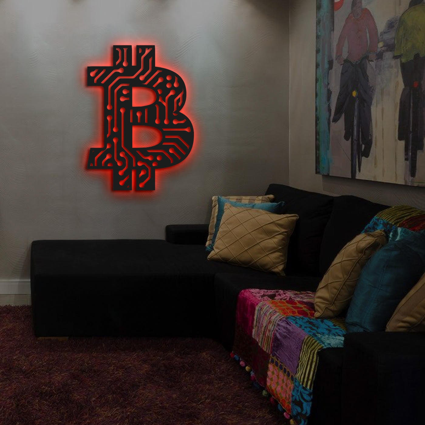 Bitcoin Metal Ledli Duvar Tablosu Aydınlatma
