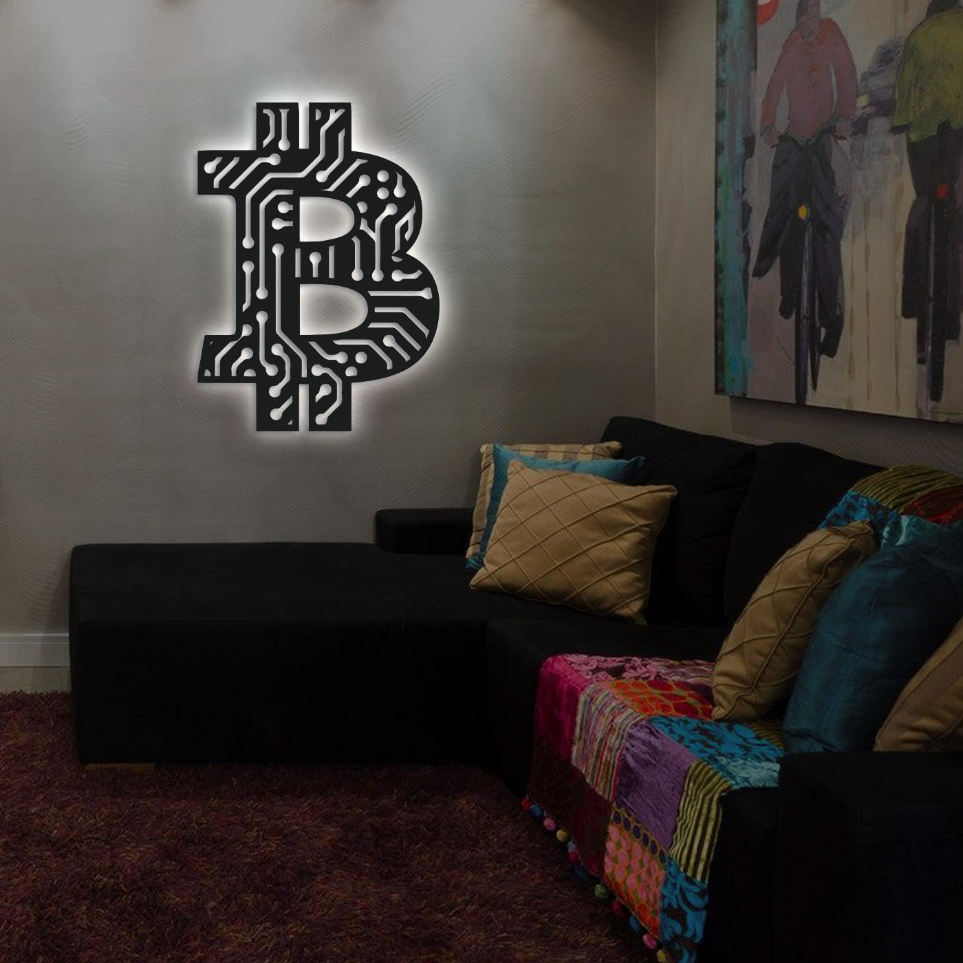 Bitcoin Metal Ledli Duvar Tablosu Aydınlatma