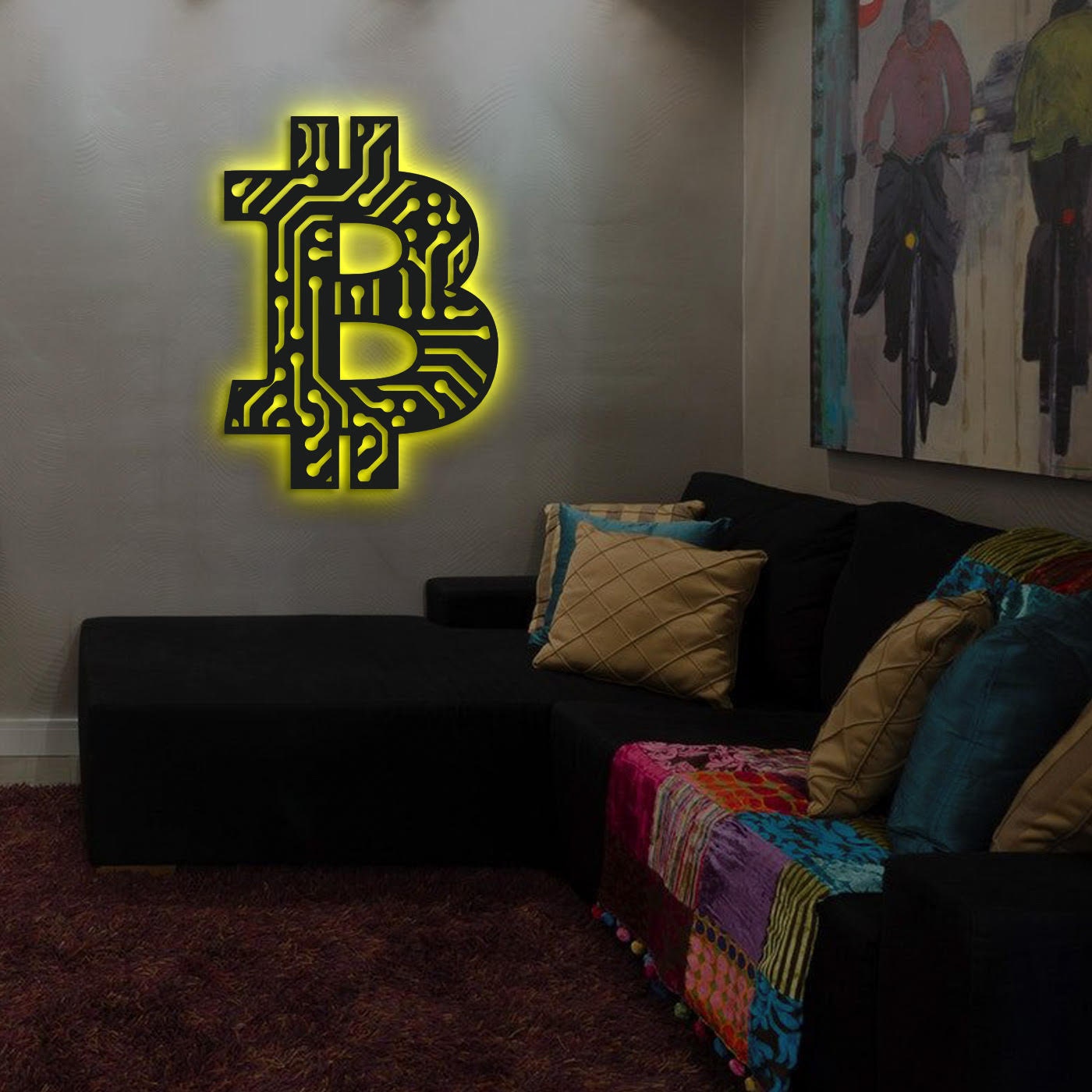 Bitcoin Metal Ledli Duvar Tablosu Aydınlatma